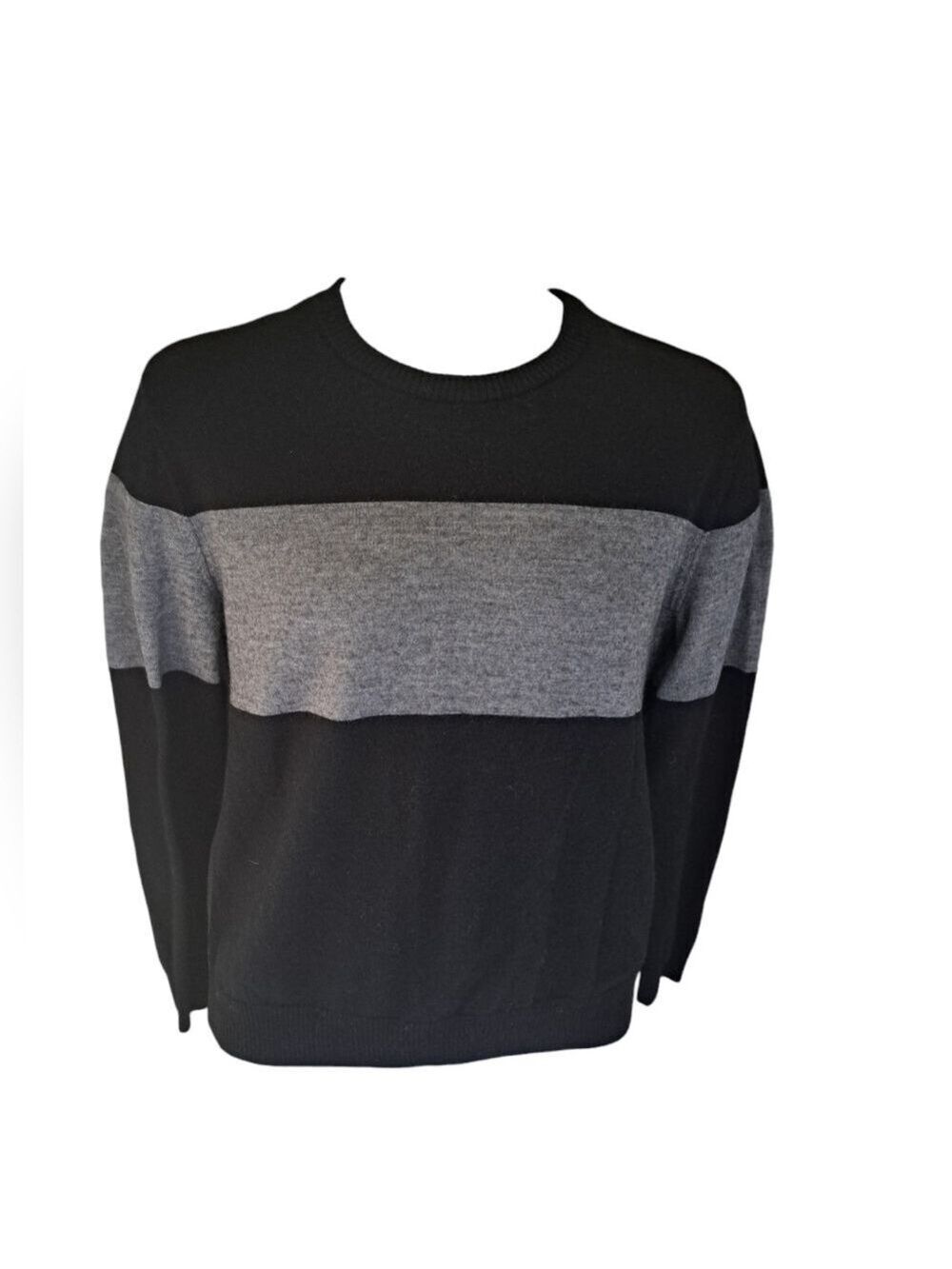CALVIN KLEIN MERINO WOOL blend color block grey black sweater pullover crew Med